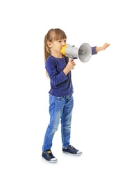 Photo of Cute little girl with megaphone on white background