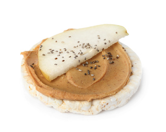 Photo of Puffed rice cake with peanut butter and pear isolated on white