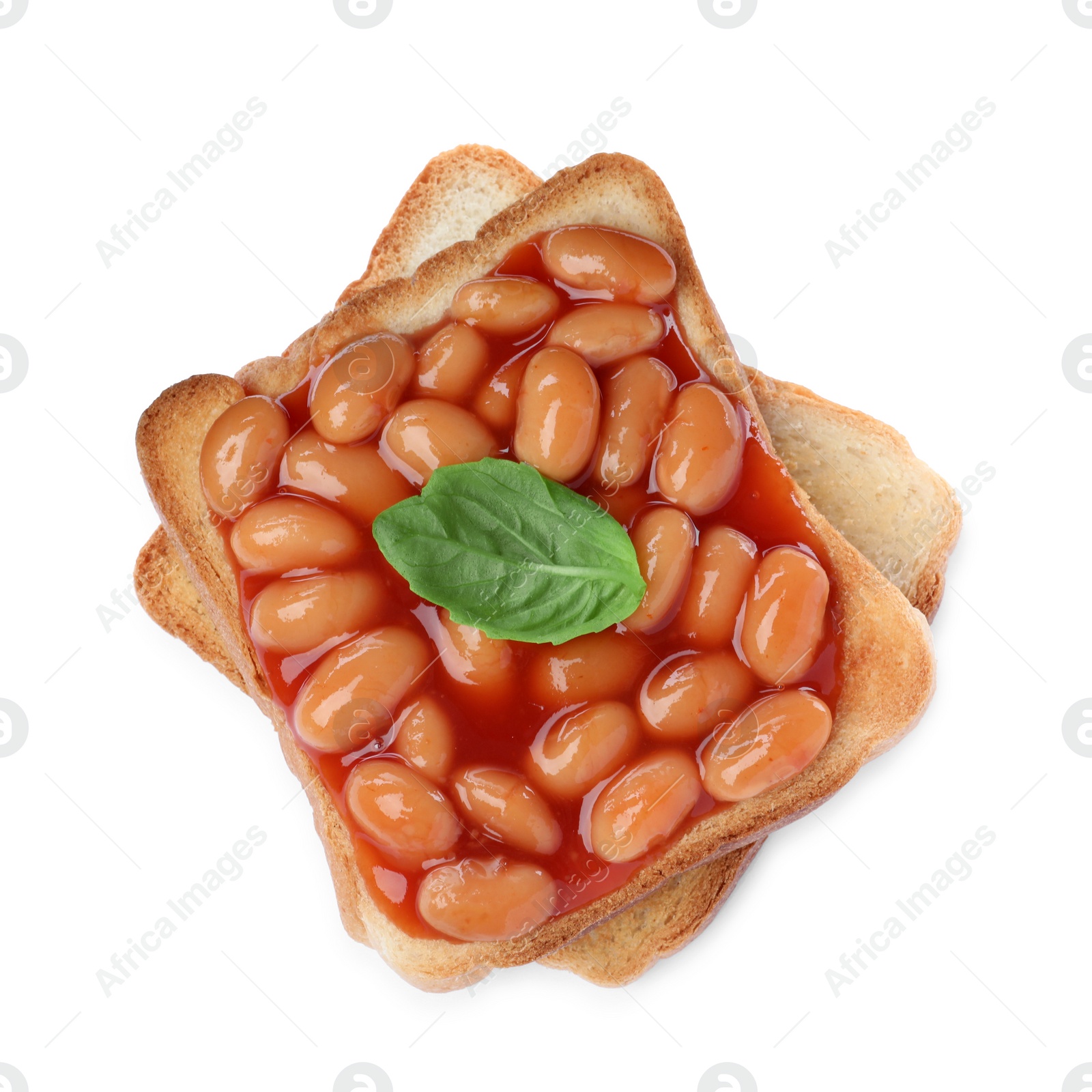 Photo of Delicious bread slices with baked beans on white background, top view