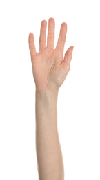 Young woman showing hand on white background, closeup