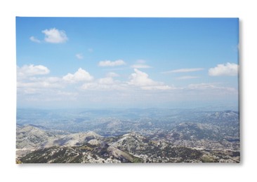 Photo printed on canvas, white background. Picturesque view of beautiful mountains on sunny day