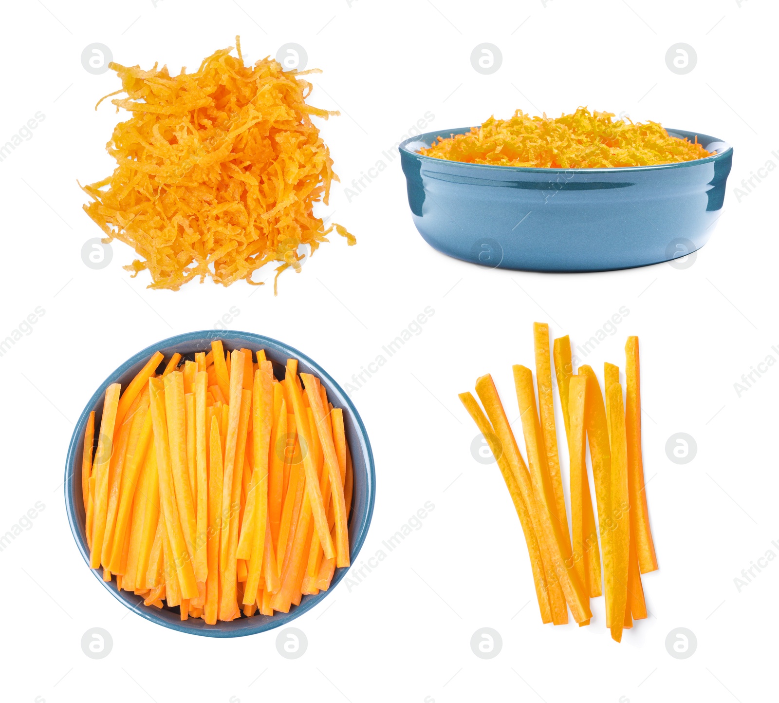 Image of Set with cut fresh carrots on white background, top view