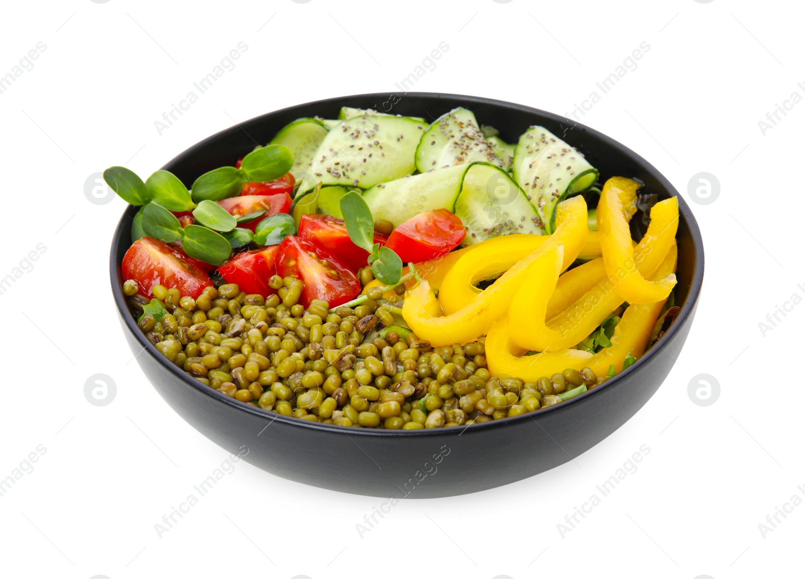 Photo of Bowl of salad with mung beans isolated on white