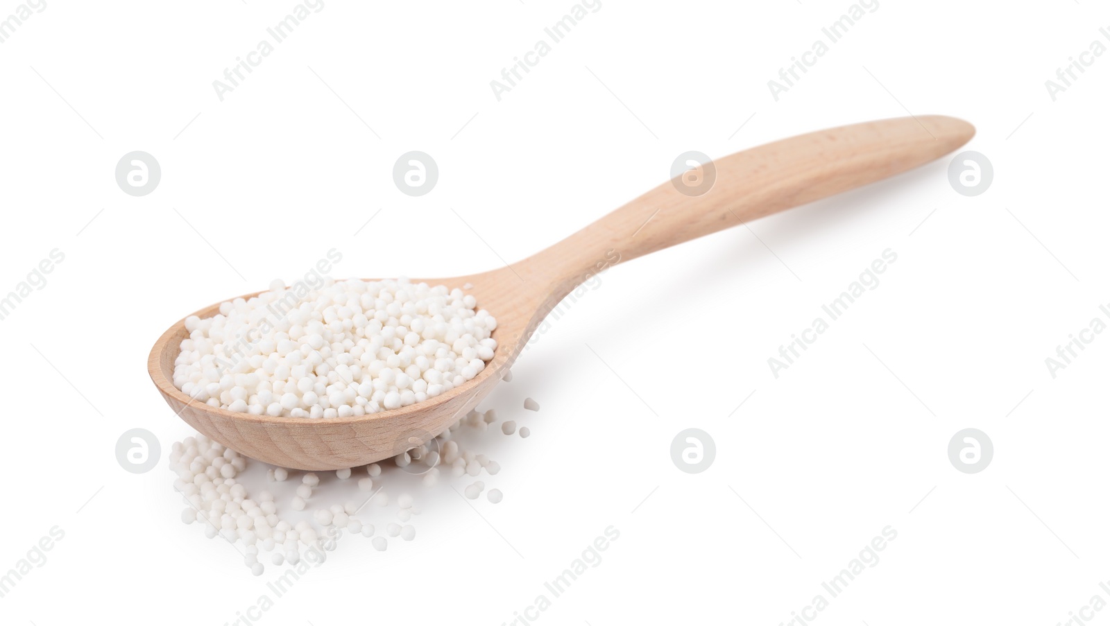 Photo of Spoon with tapioca pearls isolated on white