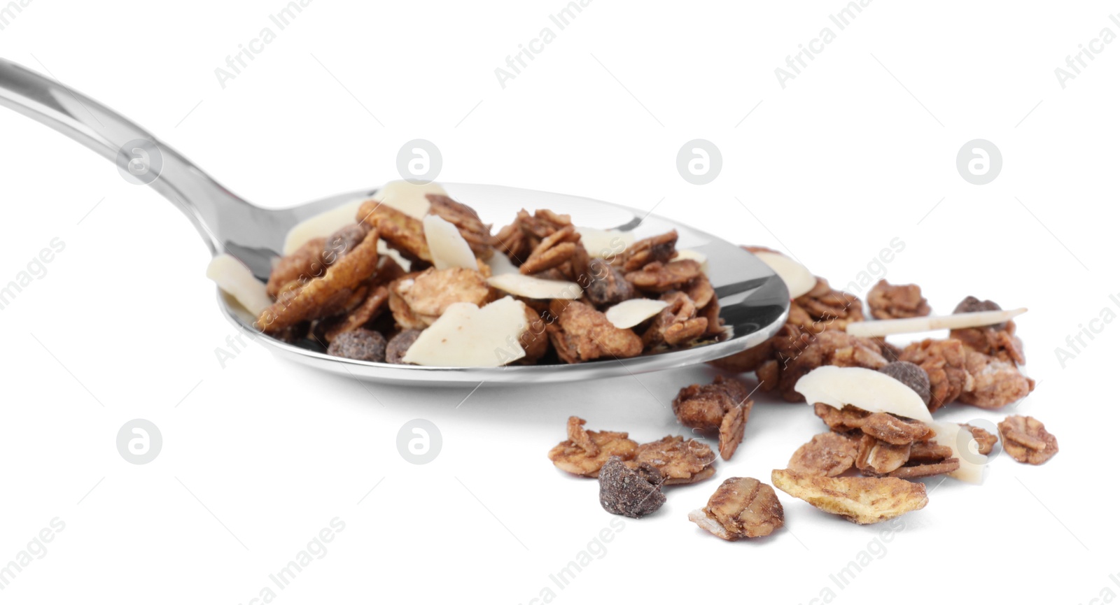 Photo of Spoon with granola on white background. Healthy snack