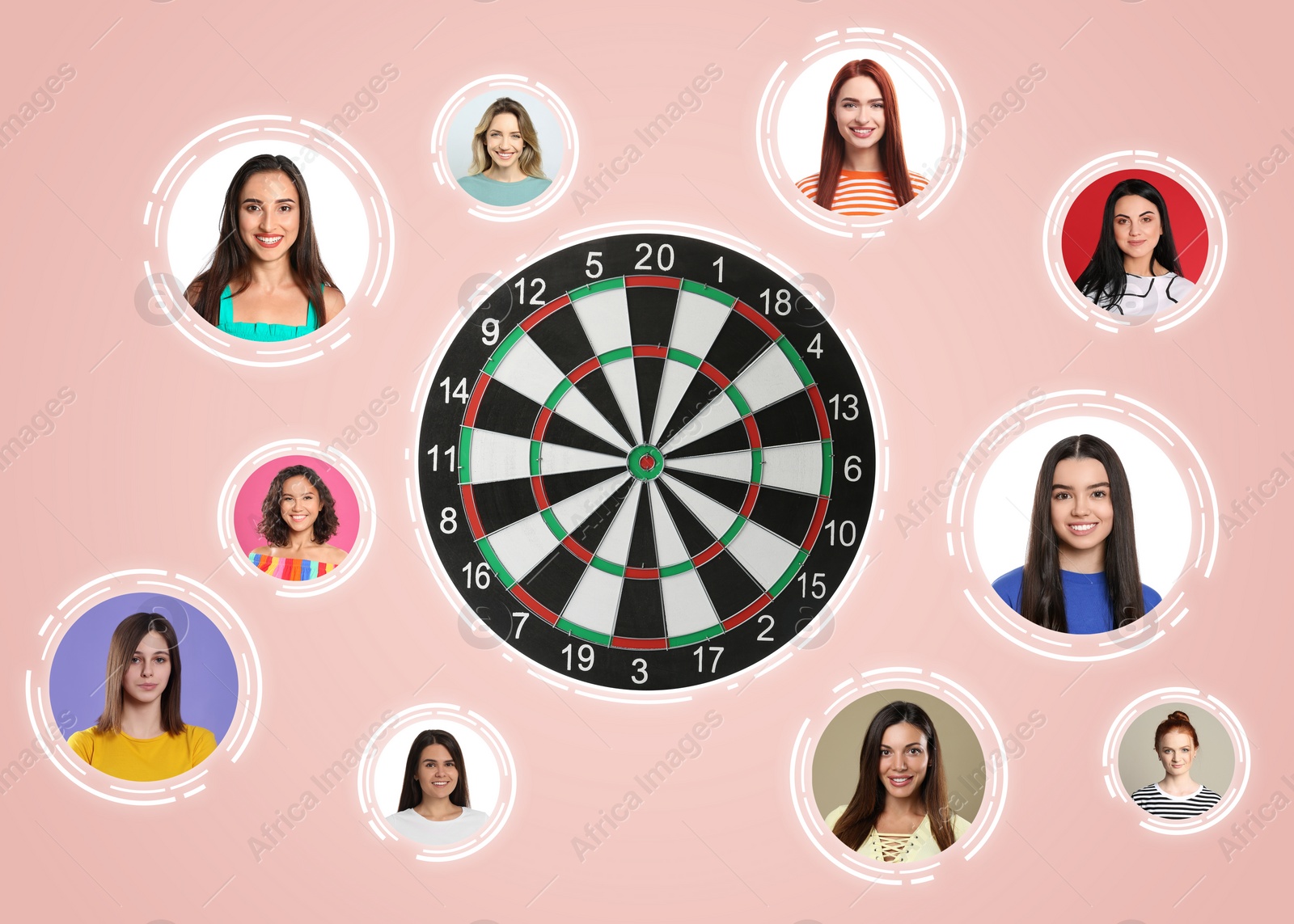 Image of Target audience. Dartboard surrounded by photos of potential clients on pink background