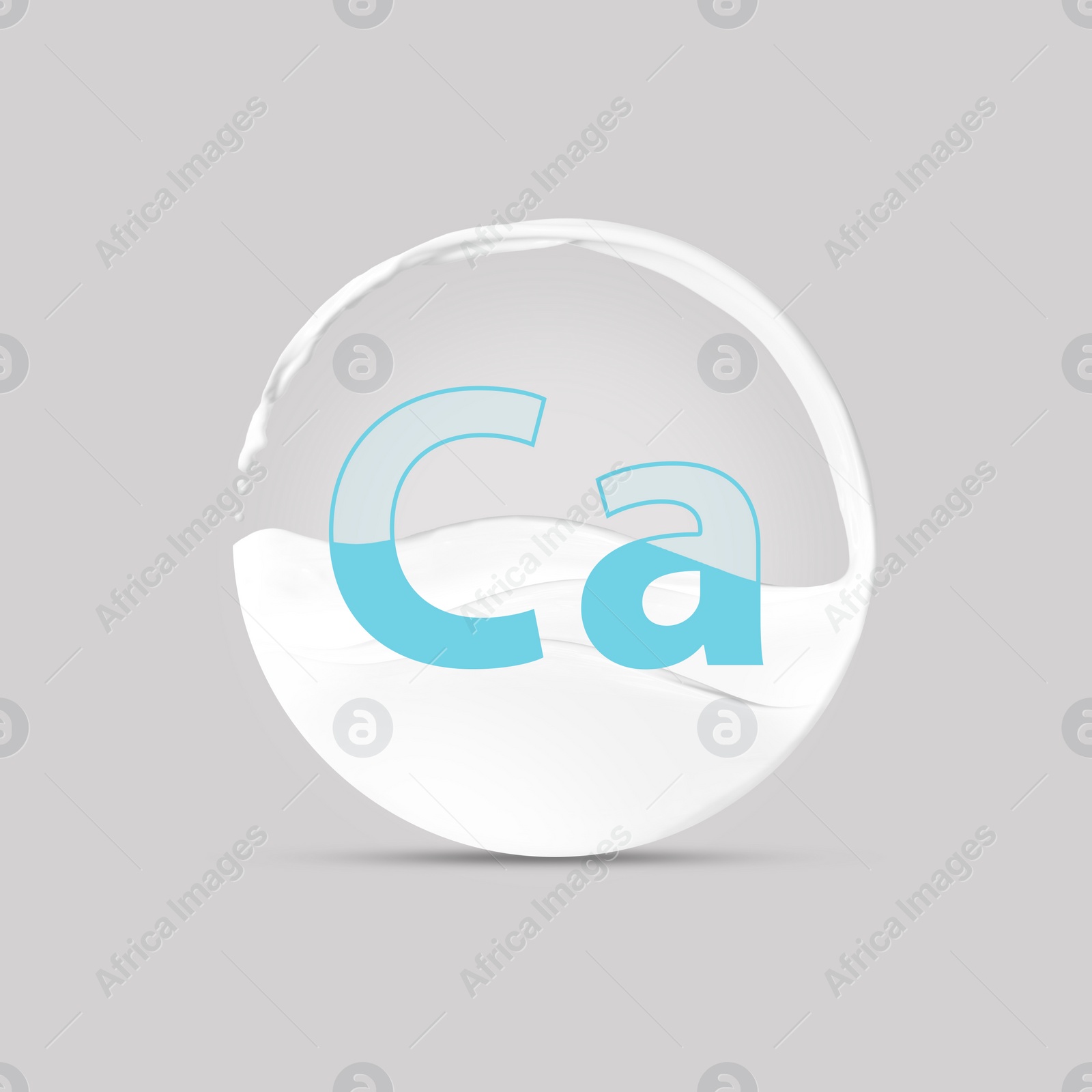 Illustration of Sphere made of splashing milk and symbol Ca on light grey background. Source of calcium