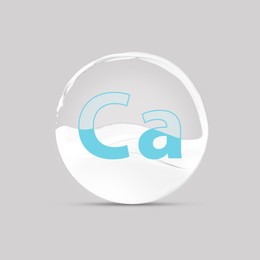 Illustration of Sphere made of splashing milk and symbol Ca on light grey background. Source of calcium
