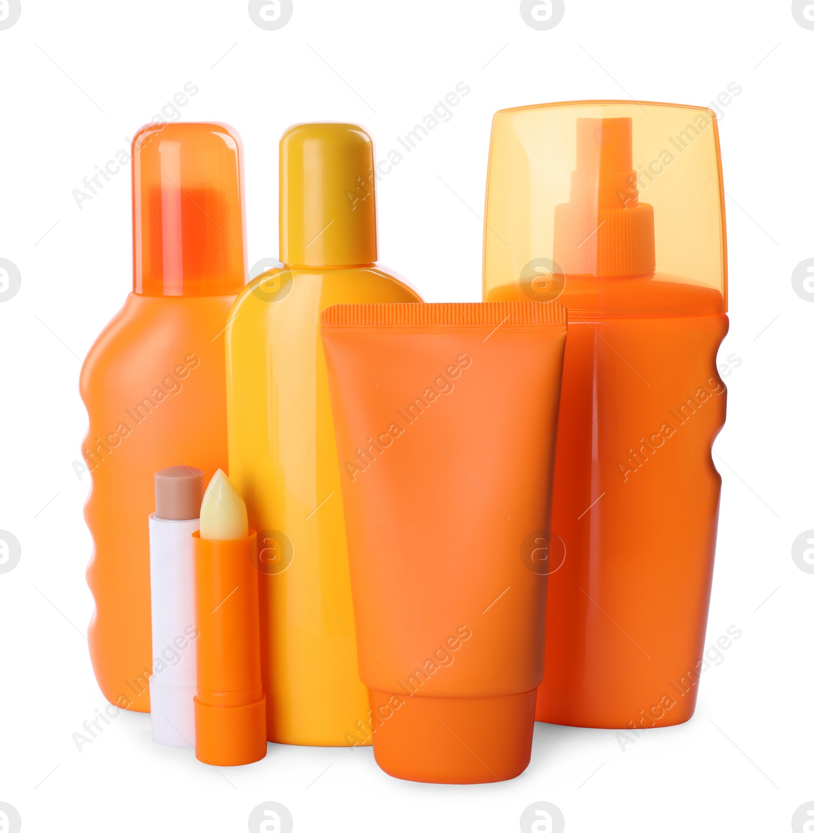 Photo of Sun protection cosmetic products on white background
