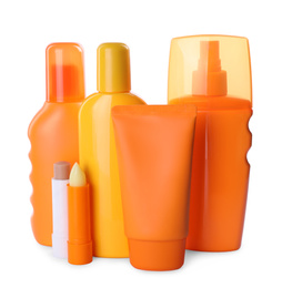 Sun protection cosmetic products on white background