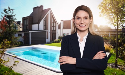 Image of Smiling real estate agent with portfolio outdoors, space for text. Beautiful house, garden and pool on sunny day