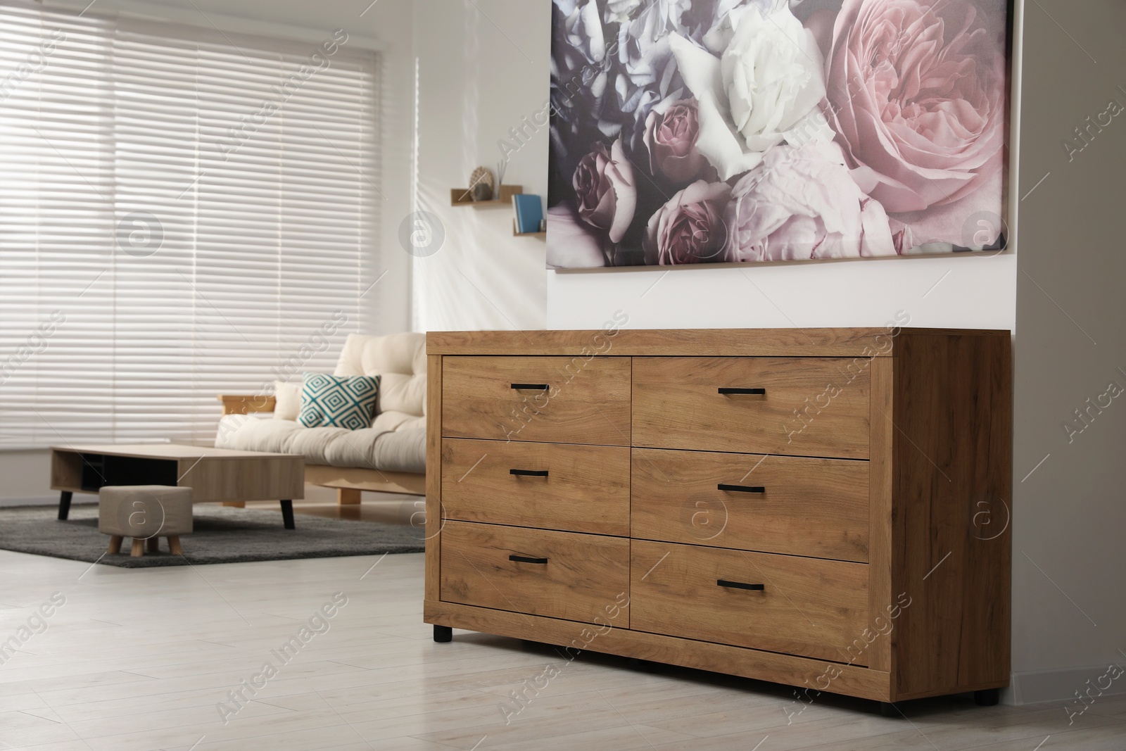 Photo of Wooden chest of drawers near white wall in stylish room