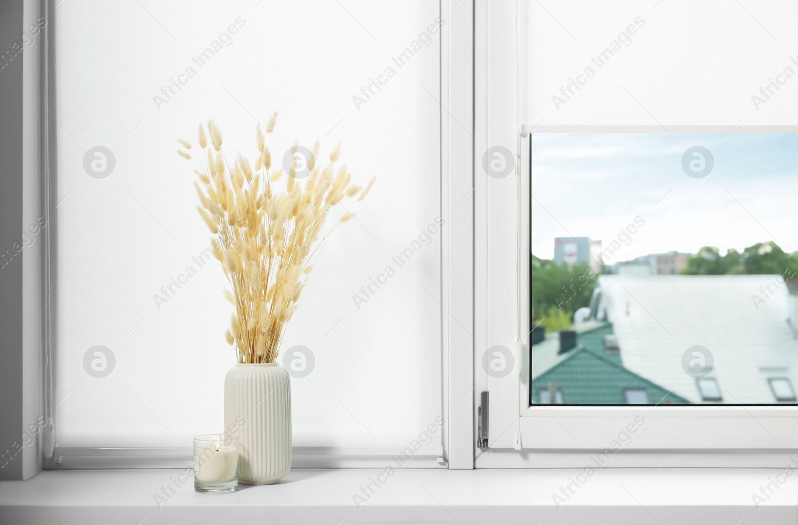 Photo of Window with blinds and dry plants on sill indoors