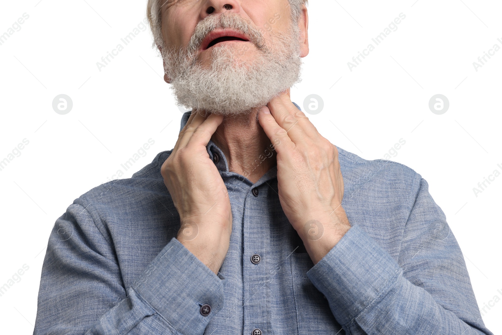 Photo of Senior man suffering from sore throat on white background, closeup. Cold symptoms