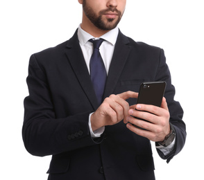 Photo of Young businessman with smartphone on white background, closeup