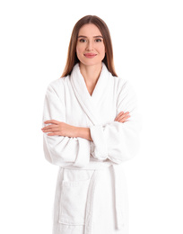 Photo of Young woman in bathrobe on white background