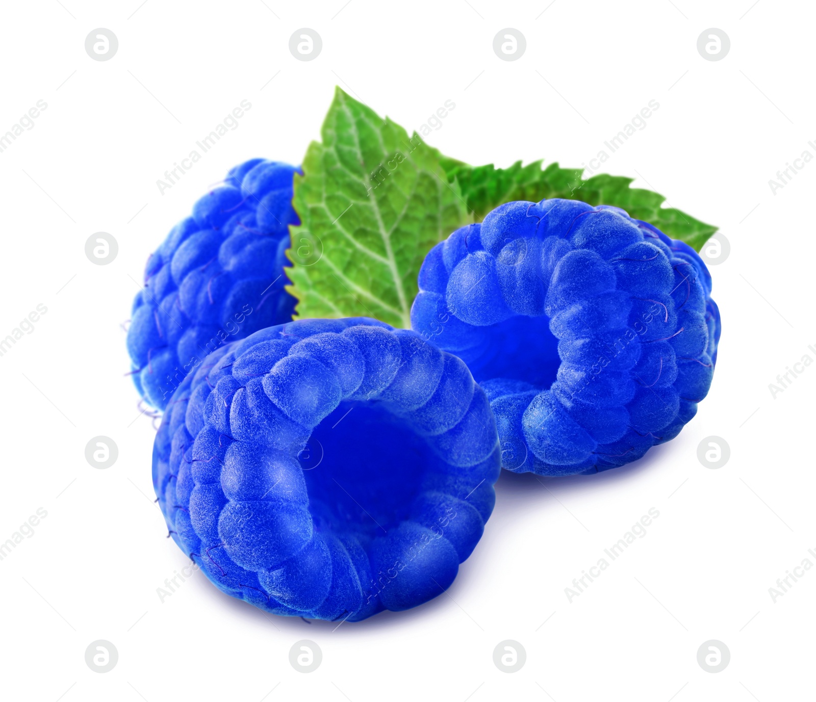 Image of Fresh blue raspberries with green leaves on white background