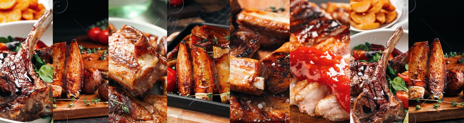 Image of Collage with different photos of delicious grilled meat. Banner design 