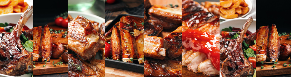 Image of Collage with different photos of delicious grilled meat. Banner design 