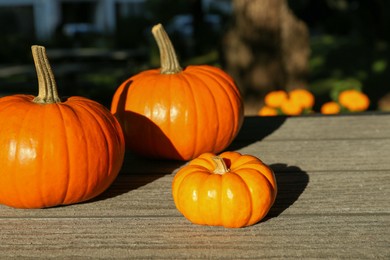 Photo of Many whole ripe pumpkins on wooden table outdoors