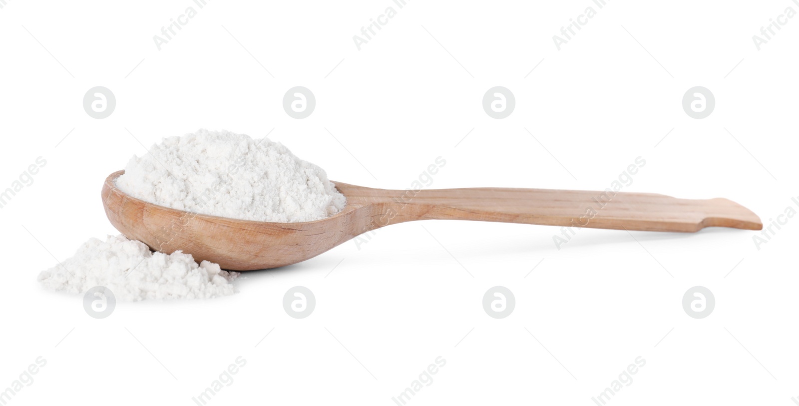 Photo of Wooden spoon with flour on white background