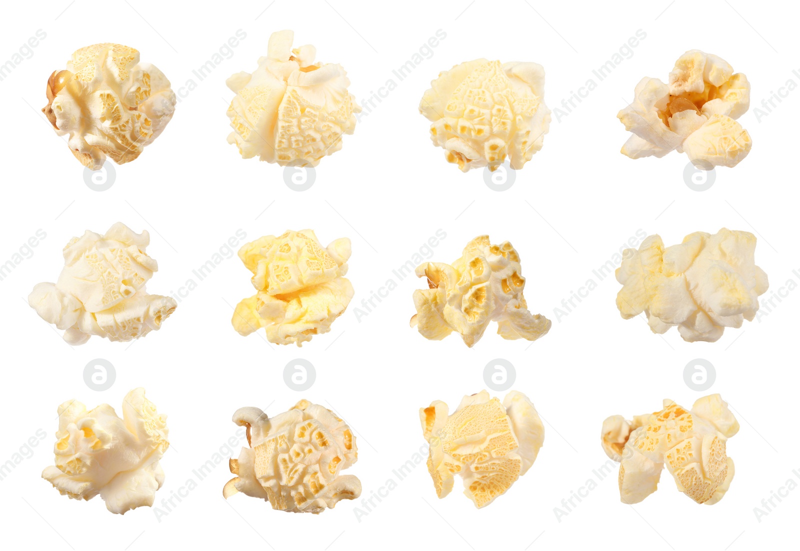 Image of Tasty popcorn. Many popped kernels isolated on white