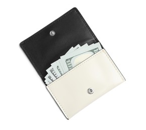 Stylish leather purse with dollar banknotes on white background, top view