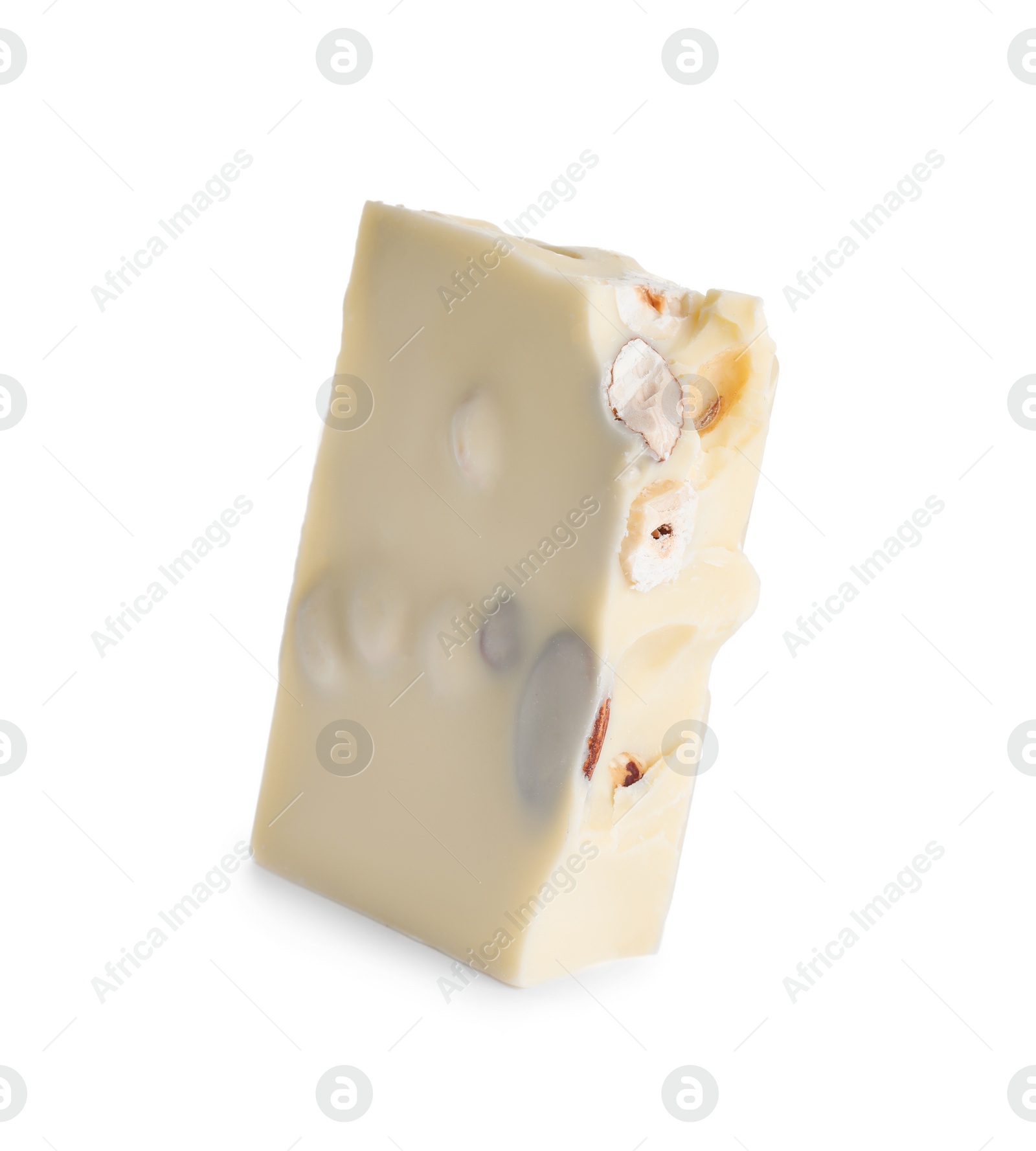 Photo of Piece of tasty chocolate with nuts isolated on white