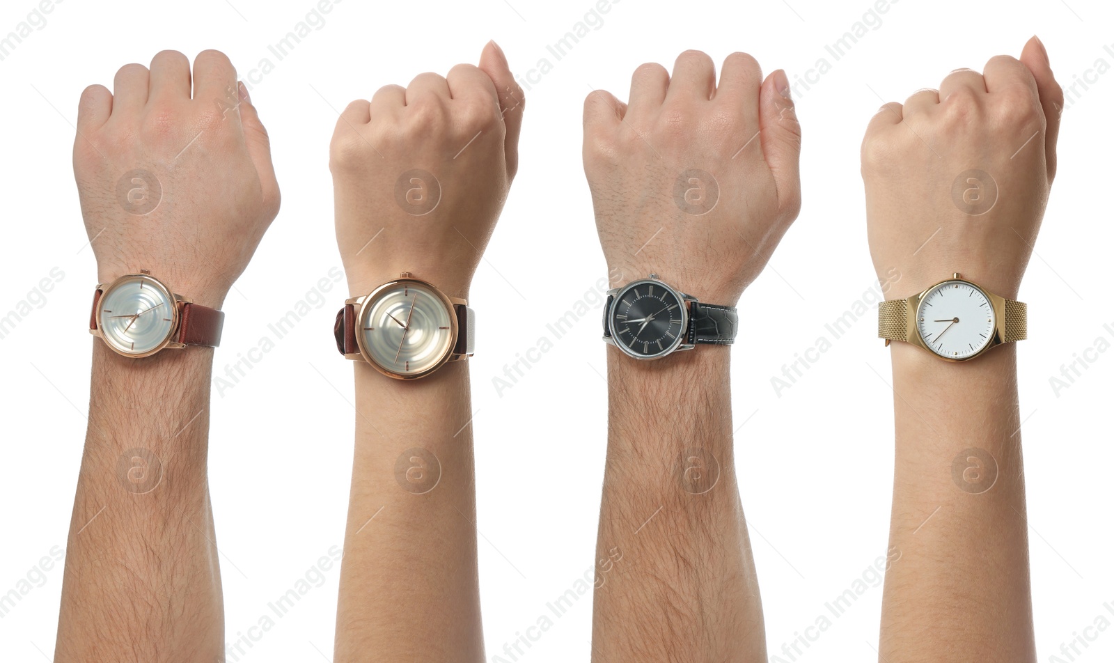 Image of Collage with photos of people wearing wristwatches on white background, closeup