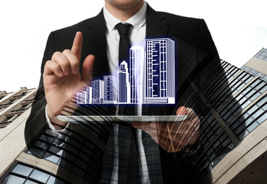 Image of Double exposure of real estate agent with buildings illustration over tablet and apartment house