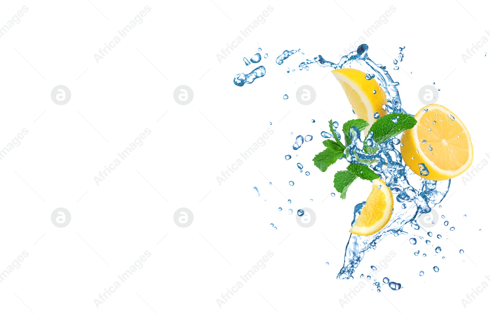 Image of Fresh ripe lemon, mint and splashing water on white background