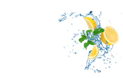 Image of Fresh ripe lemon, mint and splashing water on white background