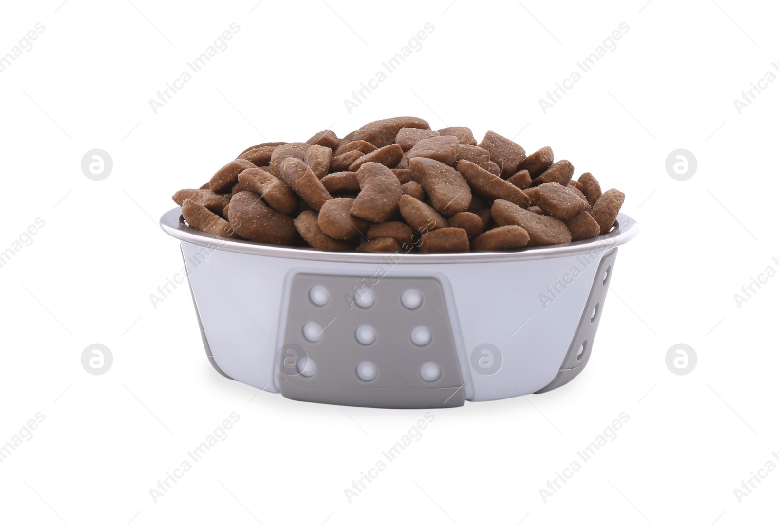 Photo of Dry dog food in pet bowl isolated on white