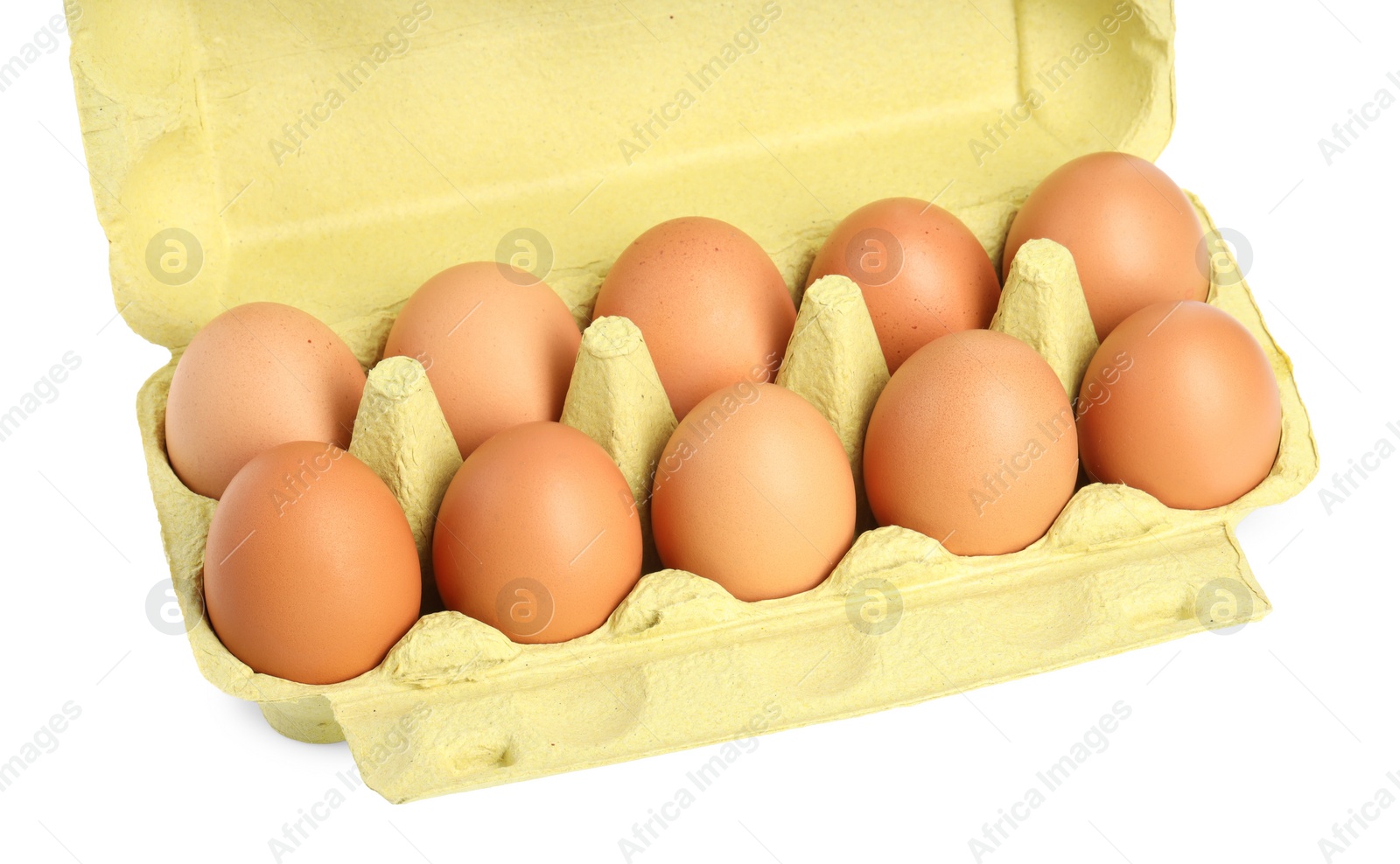 Photo of Chicken eggs in carton isolated on white