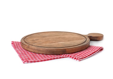 Photo of Fabric napkin with wooden board on white background