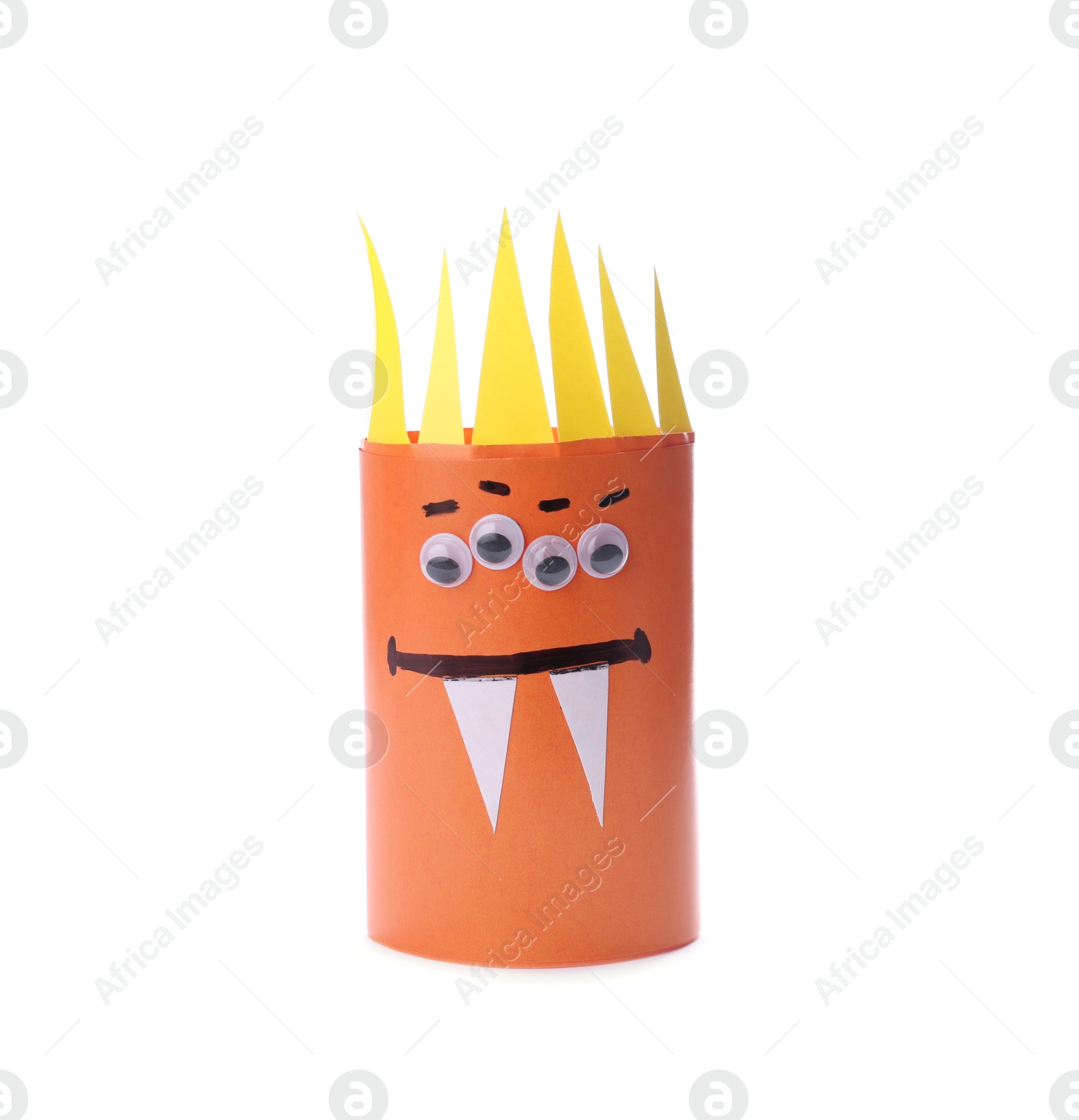 Photo of Funny orange monster isolated on white. Halloween decoration