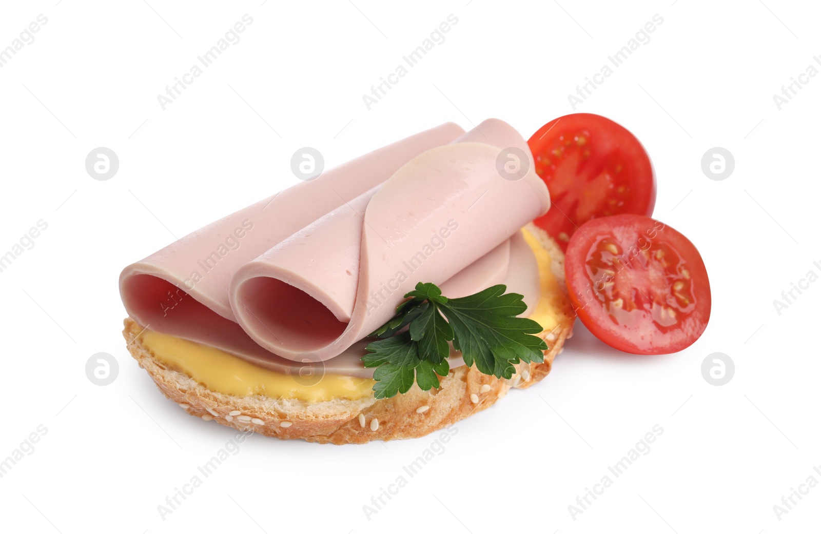 Photo of Delicious sandwich with boiled sausage, cheese and tomato isolated on white