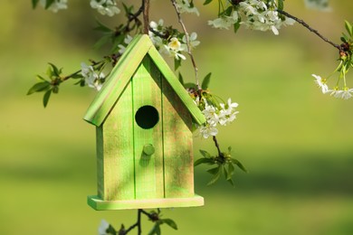 Photo of Green wooden bird house hanging from tree branch outdoors