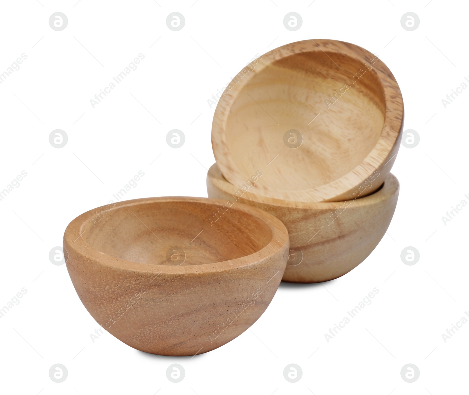 Photo of Set of wooden bowls on white background