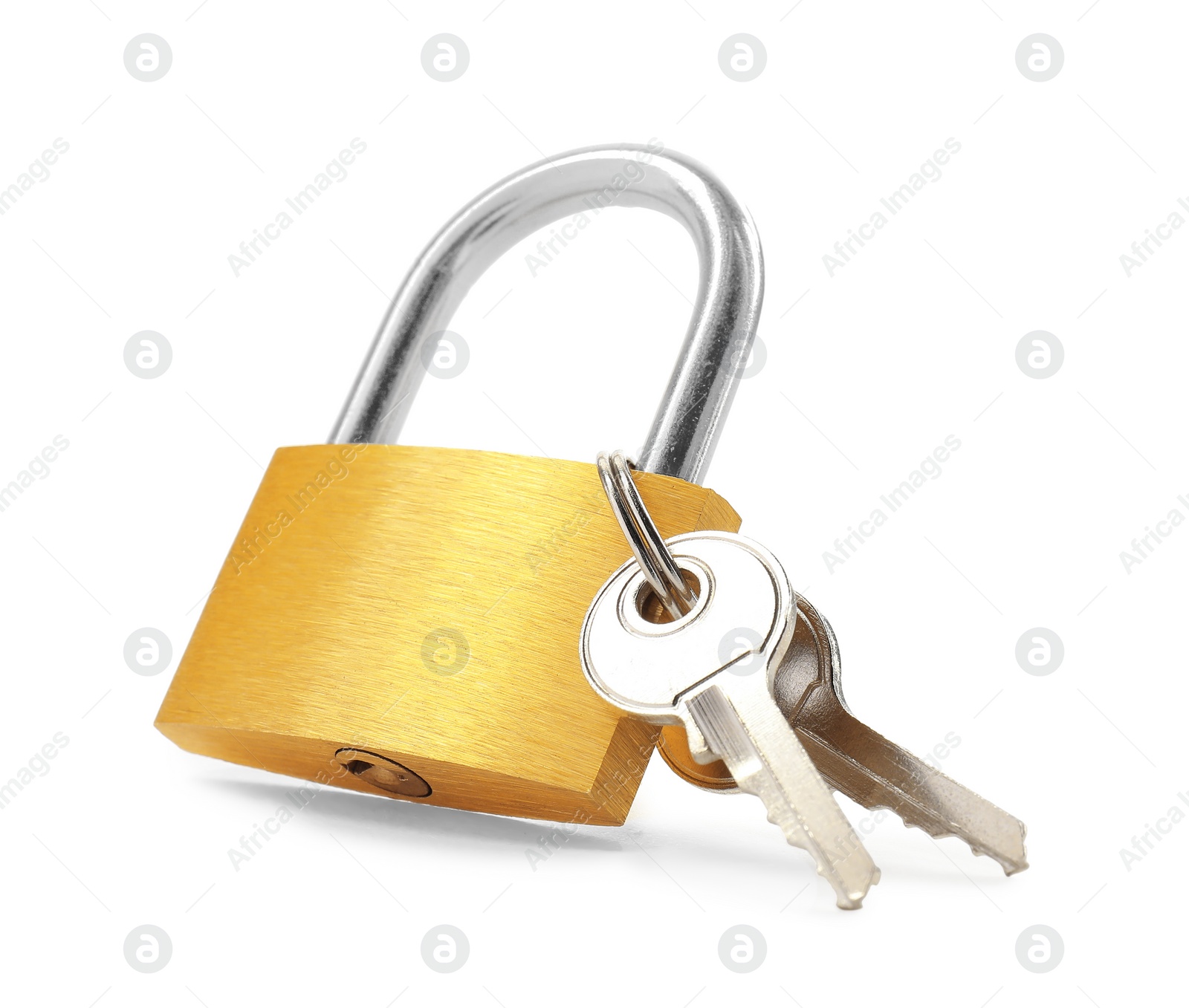 Photo of Steel padlock and keys isolated on white