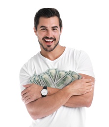 Photo of Handsome young man with dollars on white background