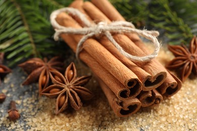 Different spices and fir branches on table, closeup