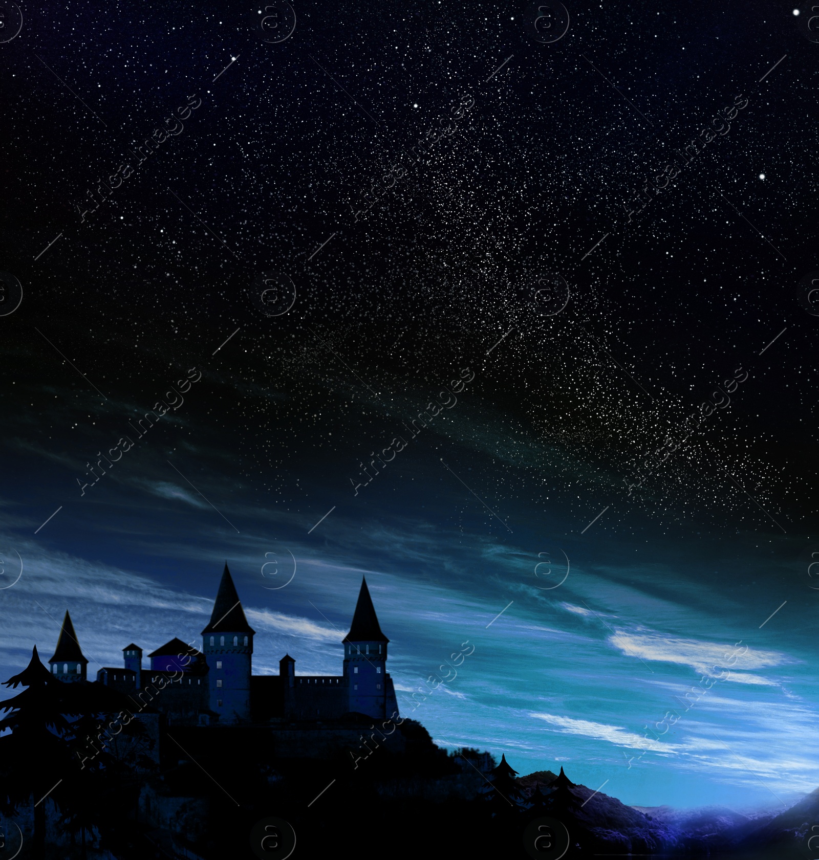 Image of Fairy tale world. Magnificent castle under starry sky at night