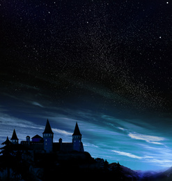 Fairy tale world. Magnificent castle under starry sky at night