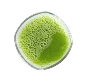 Glass of fresh celery juice on white background, top view