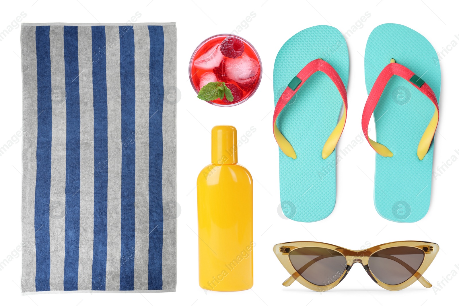 Image of Set with towel and other beach accessories on white background