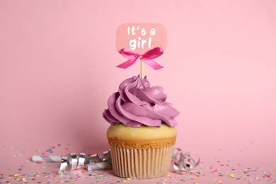 Image of Baby shower cupcake for girl on pink background