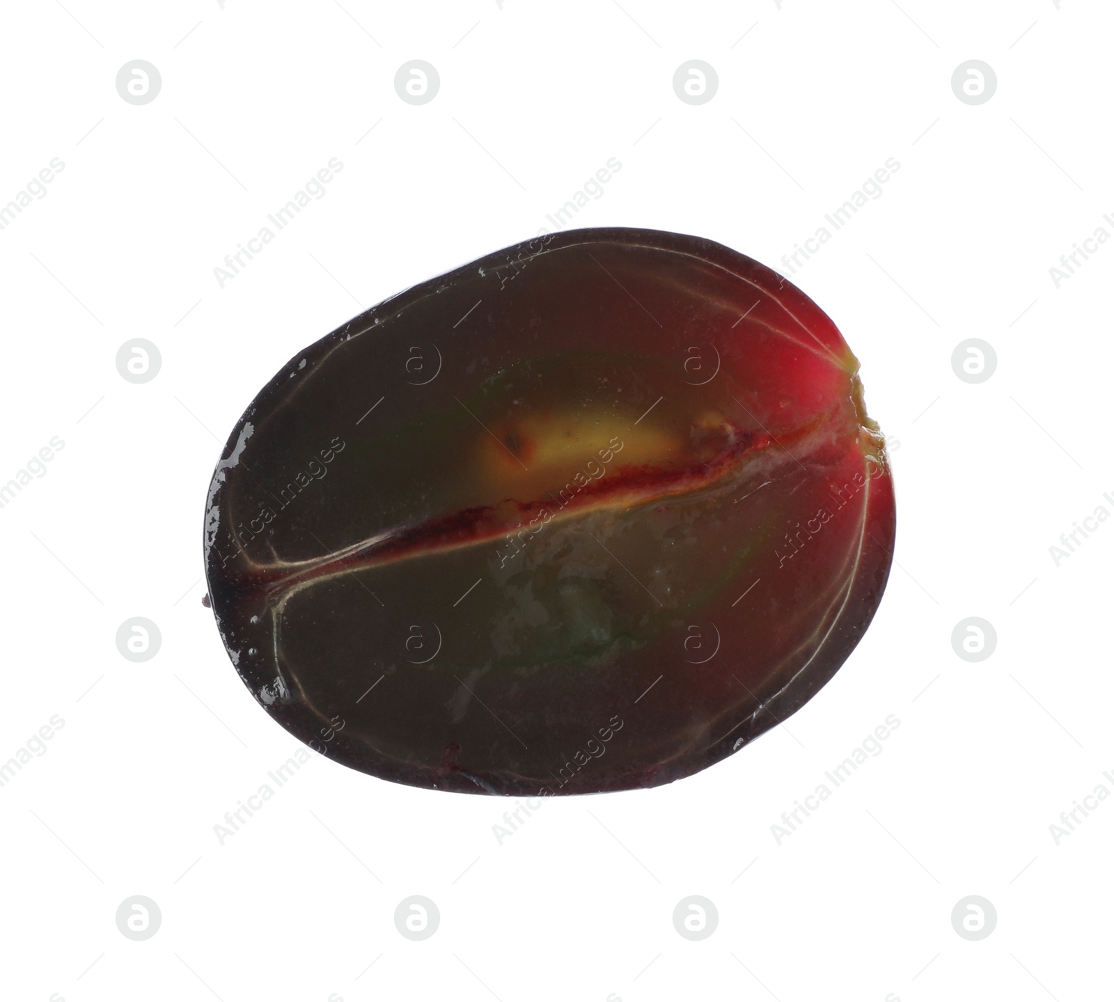 Photo of Half of fresh purple grape on white background