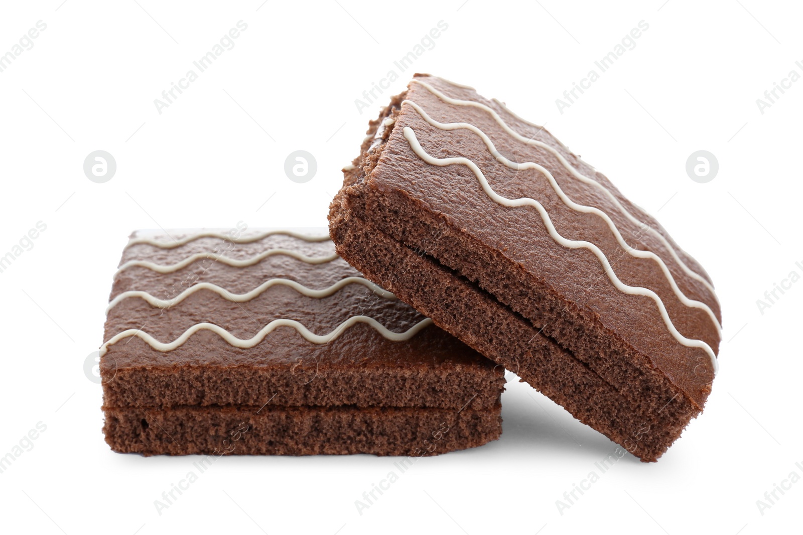 Photo of Delicious chocolate sponge cakes isolated on white