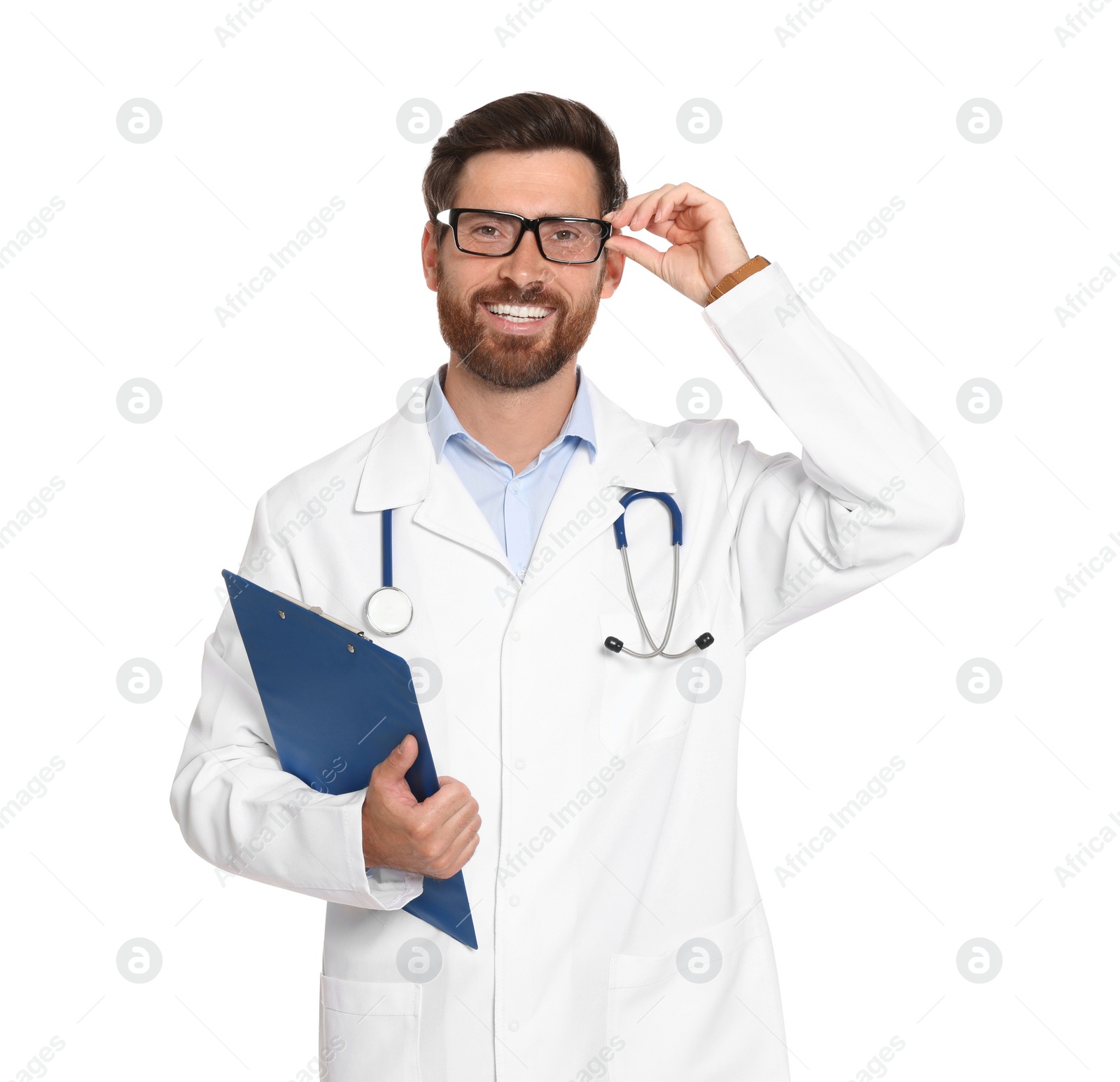 Photo of Doctor with stethoscope and clipboard on white background